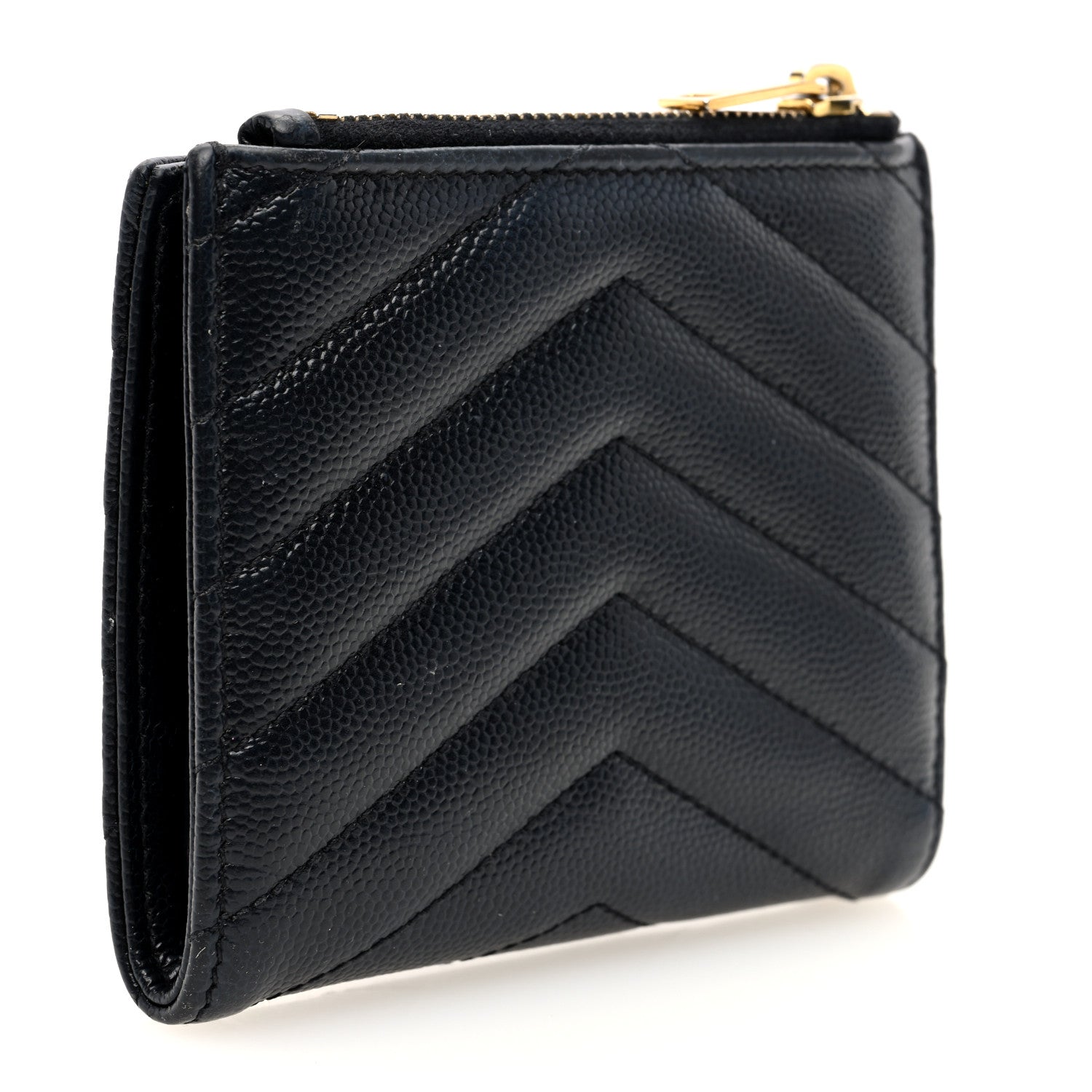 Saint Laurent Grain De Poudre Matelasse Chevron Monogram Zipped Card Case Black 3 of 6