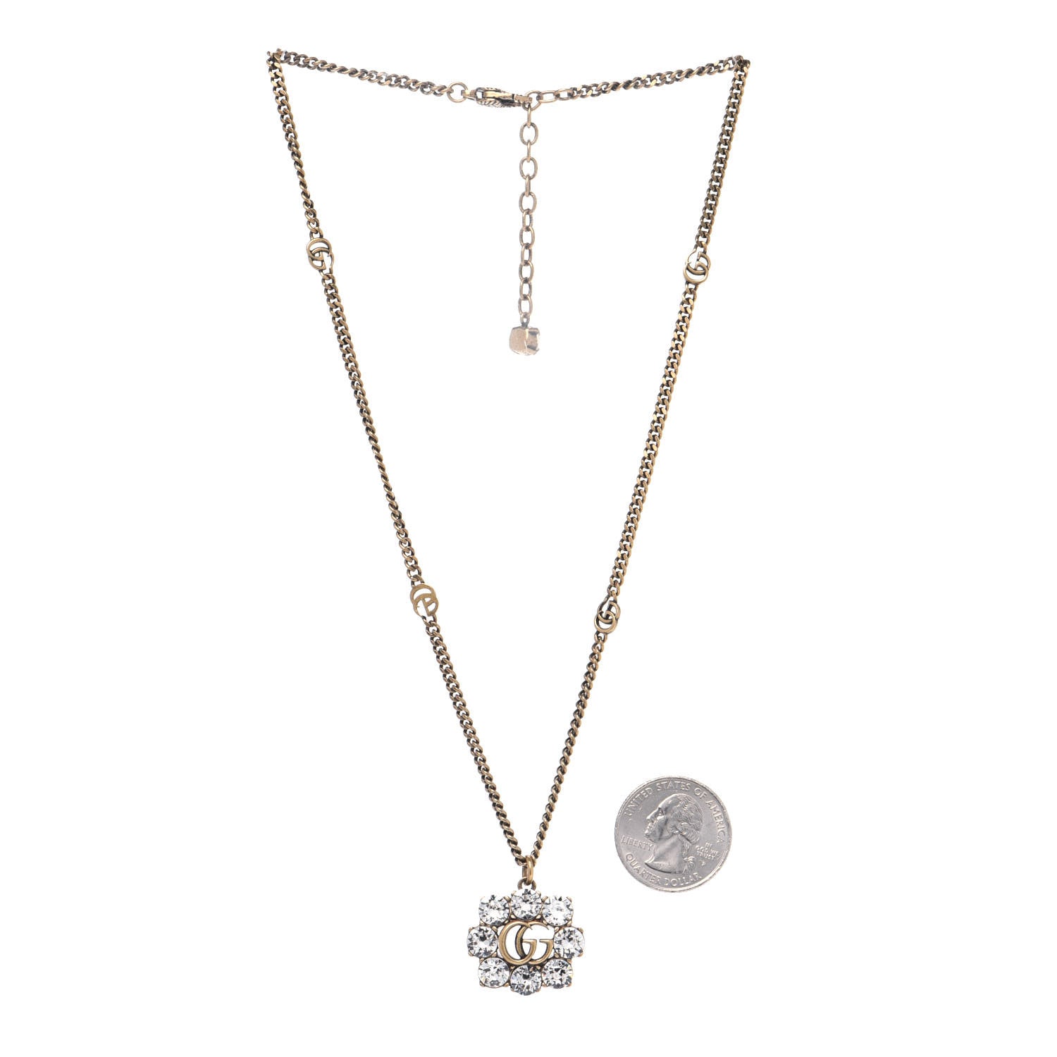 Gucci Crystal Embellished Double G Necklace Aged Gold 2 of 3
