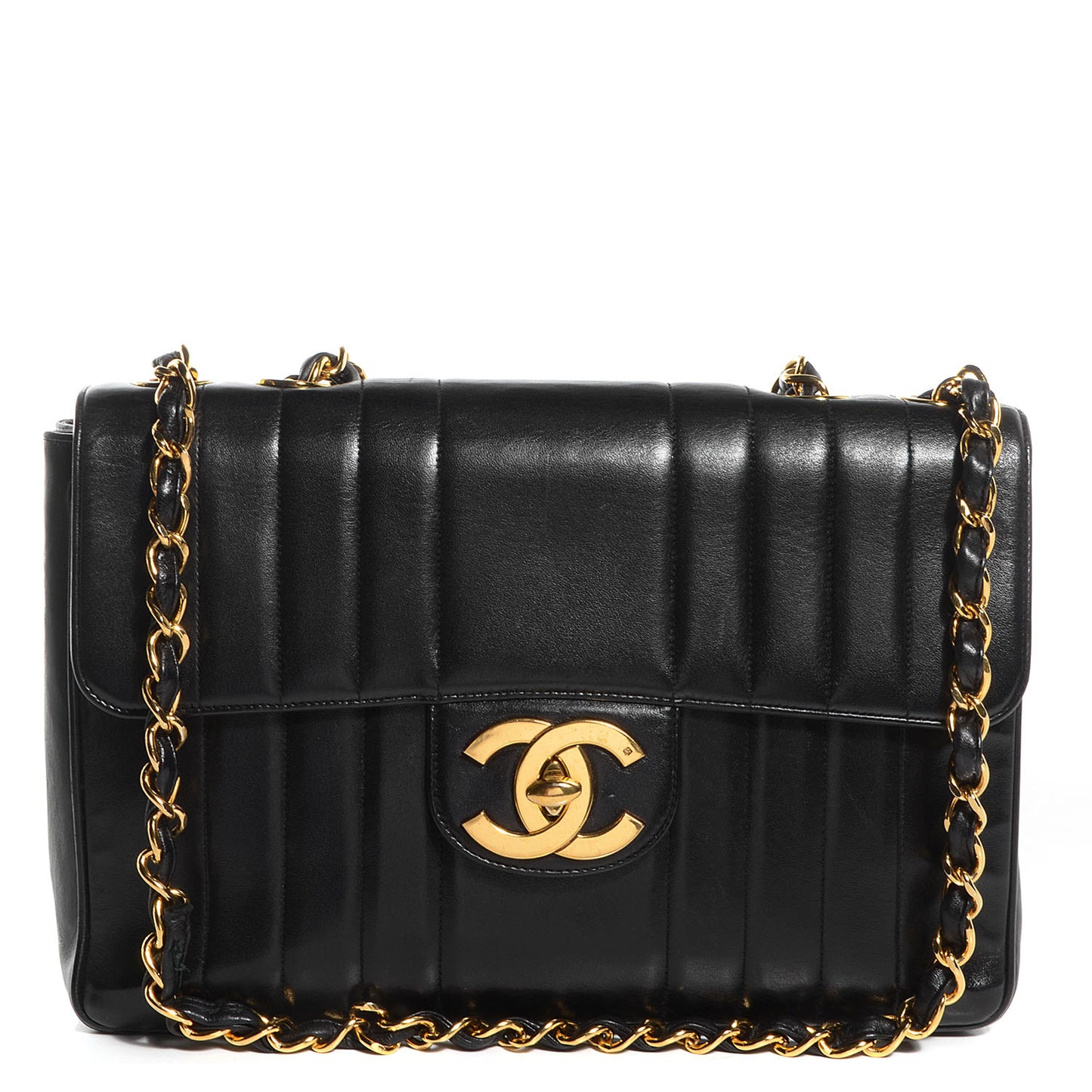 Lambskin Vertical Quilt Jumbo Flap Black