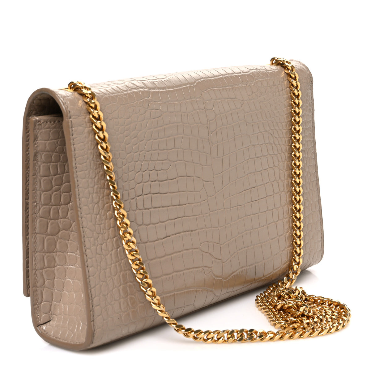 Calfskin Crocodile Embossed Medium Classic Monogram Kate Tassel Satchel Dark Beige