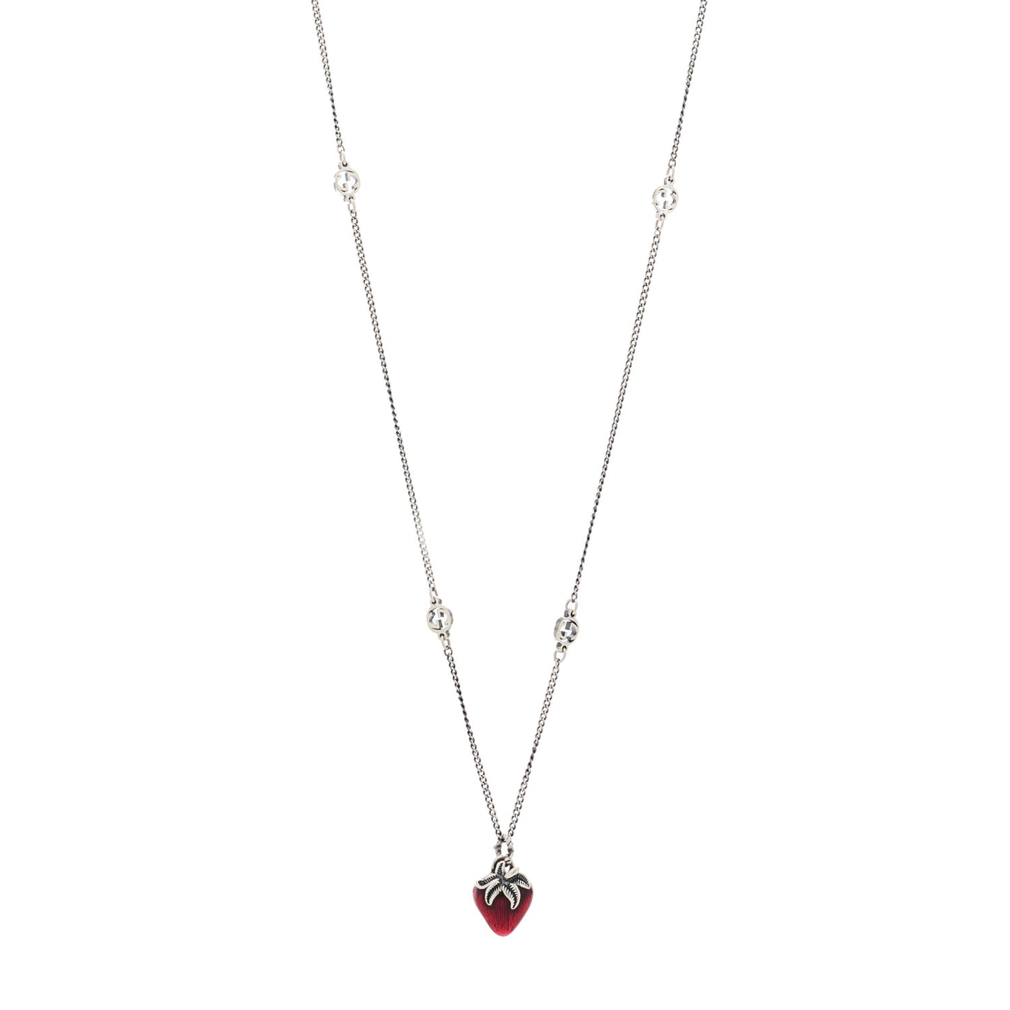 Sterling Silver Enamel Interlocking G Strawberry Pendant Necklace