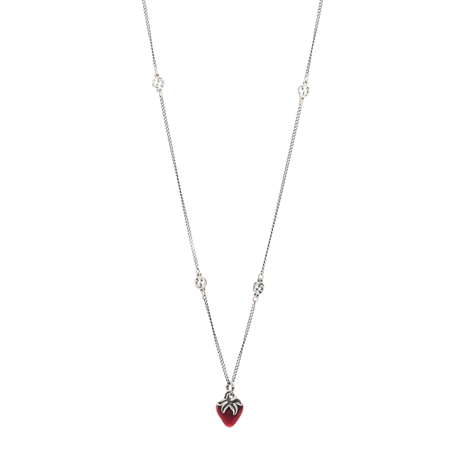 Gucci Sterling Silver Enamel Interlocking G Strawberry Pendant Necklace 1 of 3