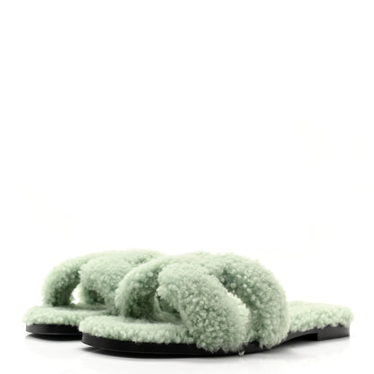 Hermes Woolskin Oran Sandals 37.5 Vert D’Eau 3 of 8