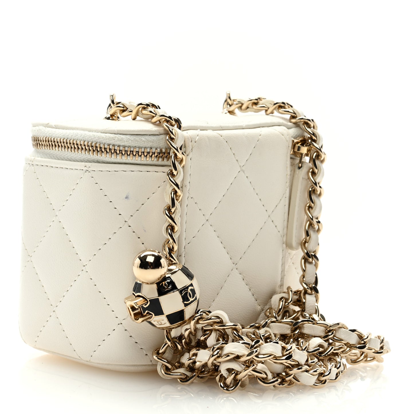 Lambskin Quilted Enamel Pearl Crush Mini Vanity Case With Chain White