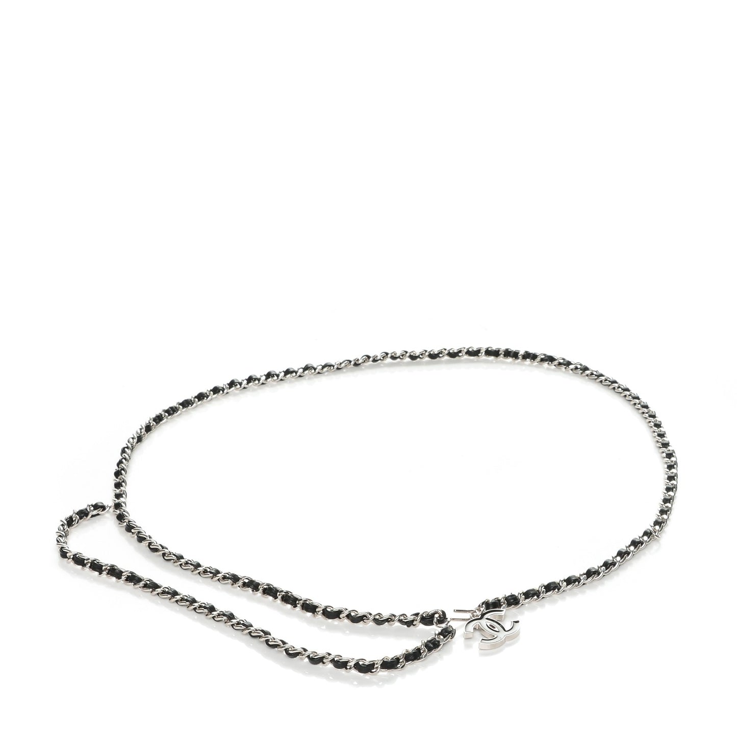Lambskin Enamel CC Chain Belt Black Silver
