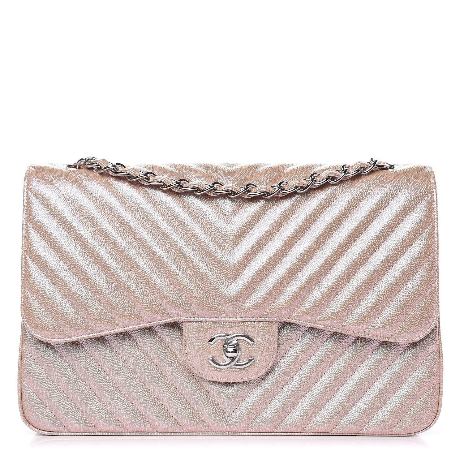 Chanel Metallic Caviar Chevron Quilted Jumbo Double Flap Light Gold 1 of 11