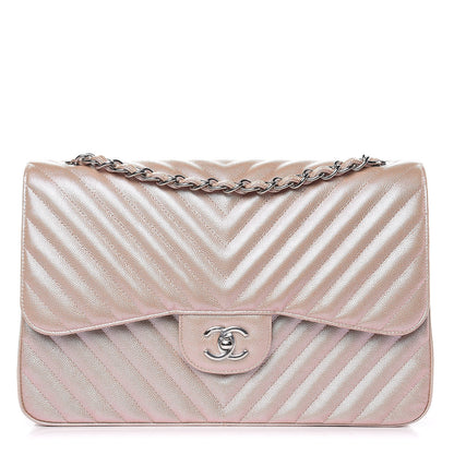 Chanel Metallic Caviar Chevron Quilted Jumbo Double Flap Light Gold 1 of 11