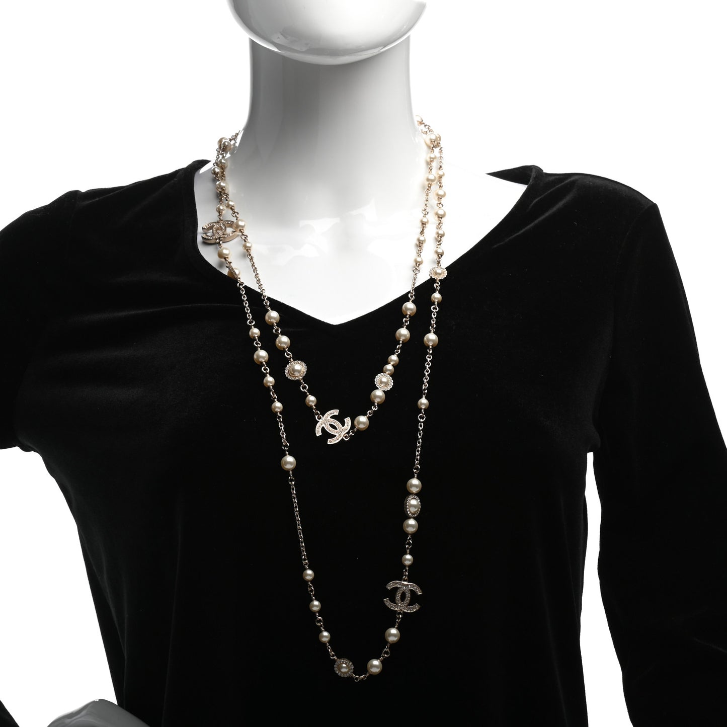Crystal Pearl CC Long Necklace Gold