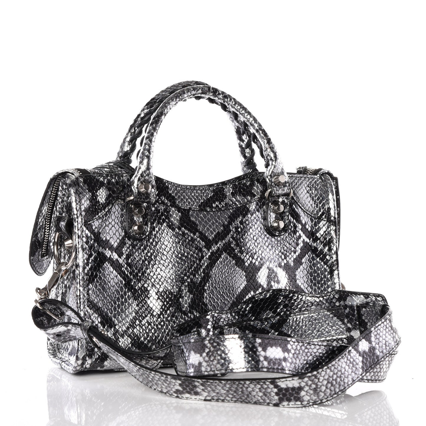 Metallic Calfskin Snakeskin Embossed Classic Silver Hardware Mini City Silver