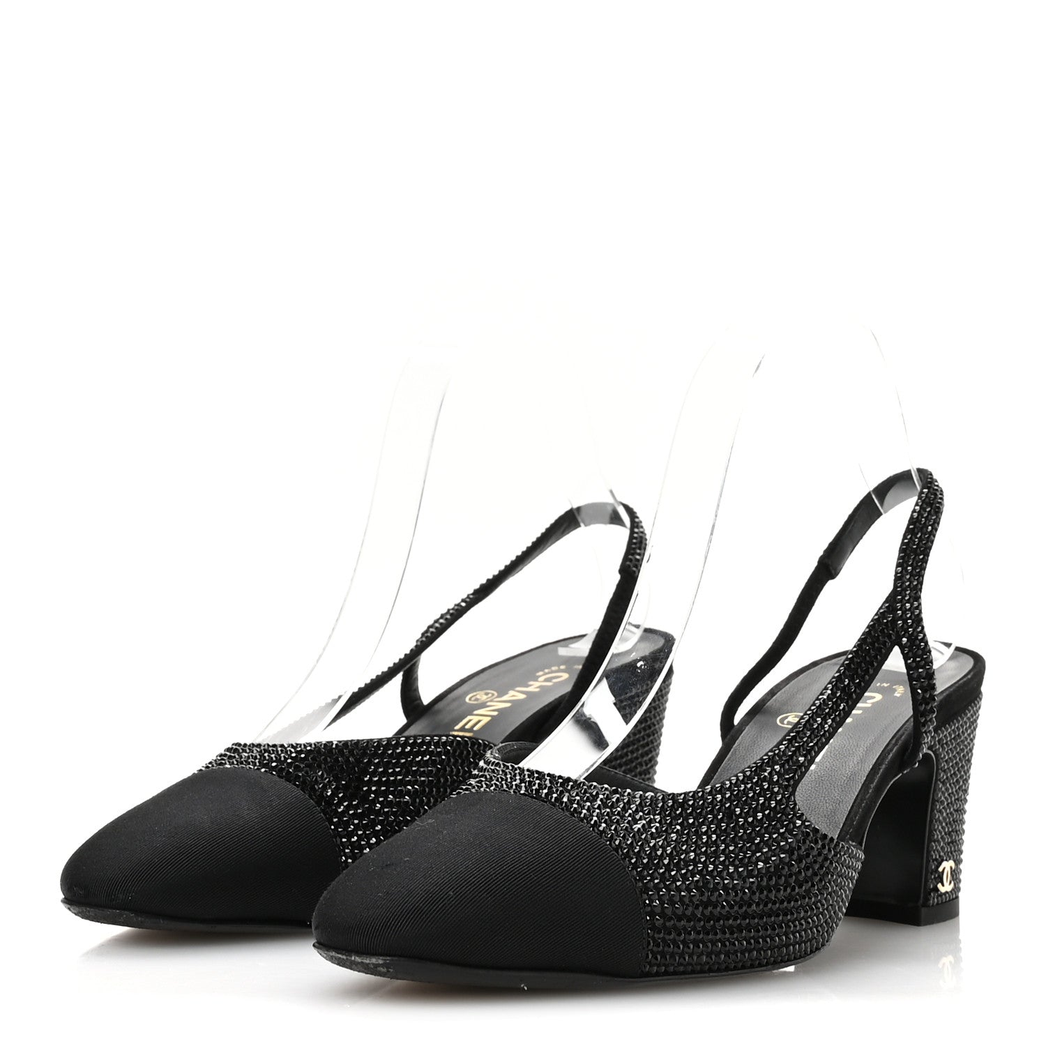 Chanel Strass Grosgrain Cap Toe CC Slingback Pumps 39 Black 4 of 10