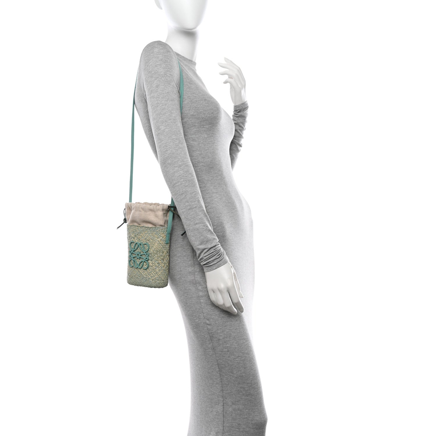 Loewe Iraca Palm Calfskin Anagram Square Pocket Bucket Bag Natural Fresh Mint 2 of 10