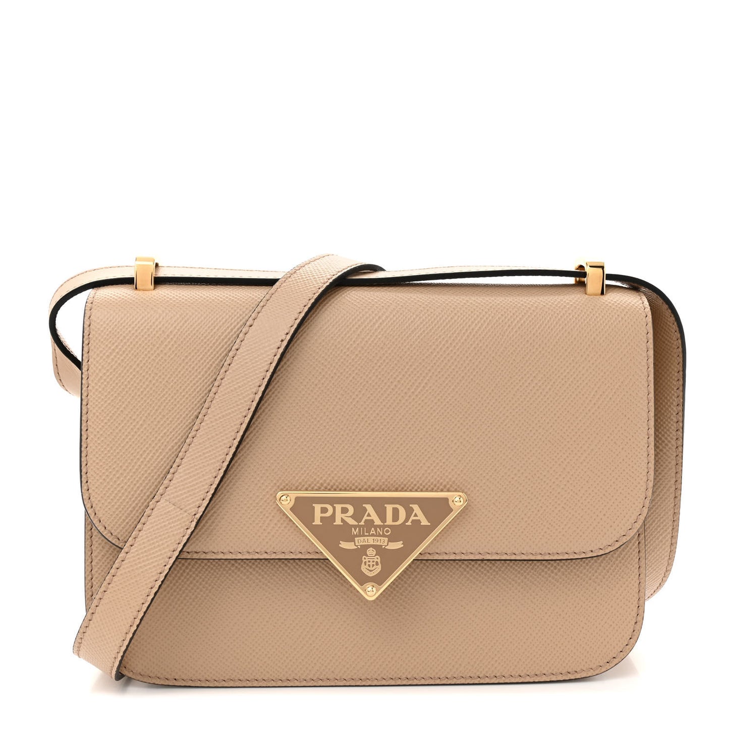 Saffiano Cuir Triangle Embleme Flap Shoulder Bag Sabbia