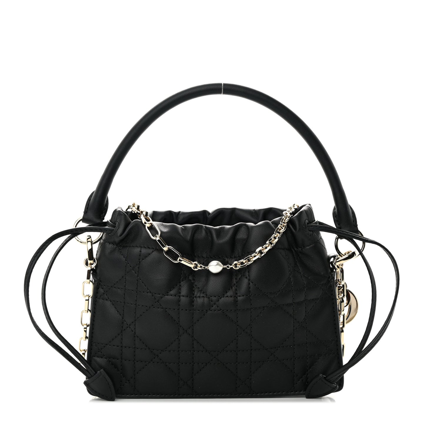 Lambskin Cannage Mini Top Handle Drawstring Bag Black