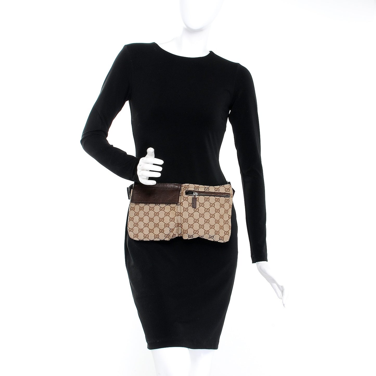 GG Monogram Double Pocket Belt Bag Dark Brown