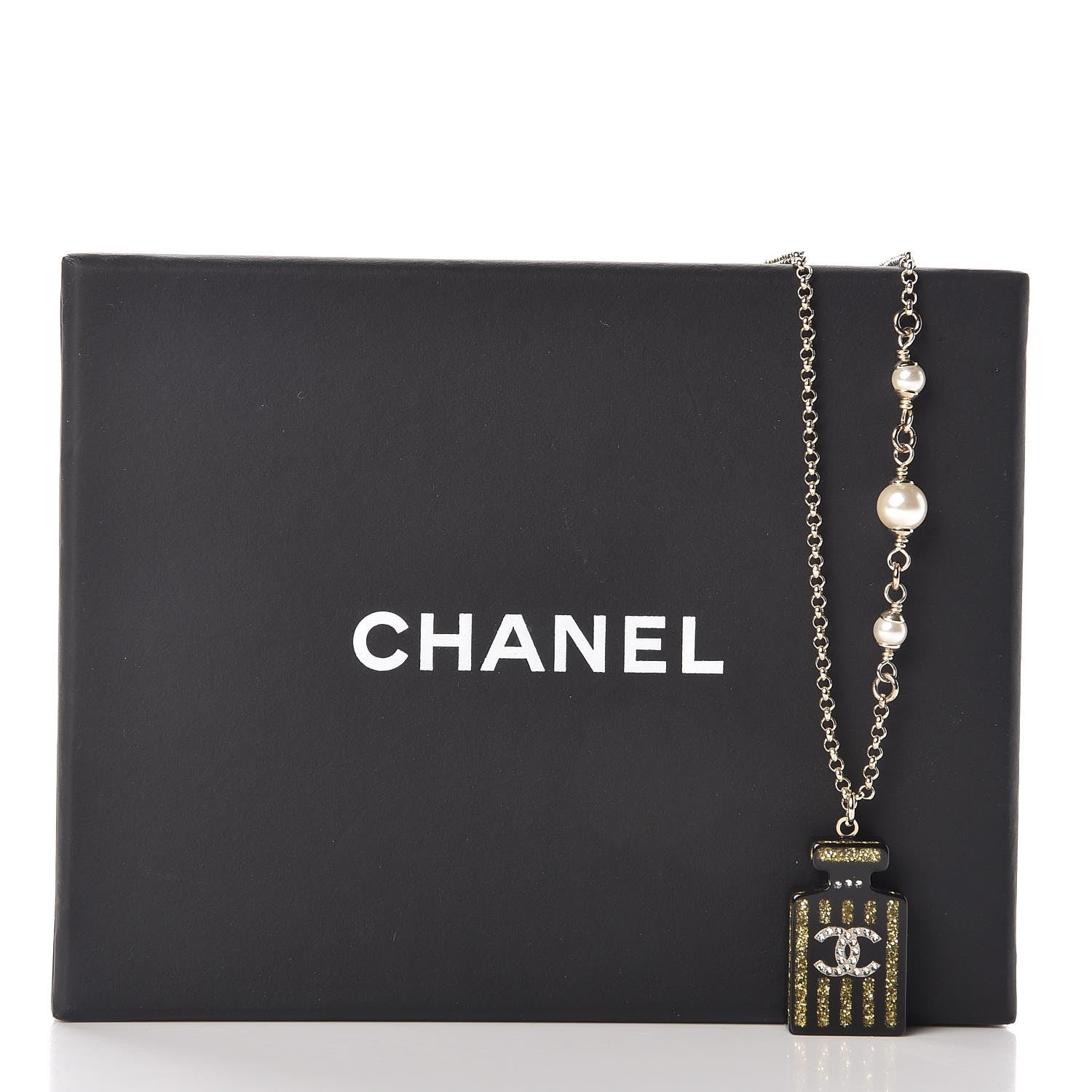 Chanel Resin Strass Perfume Bottle CC Necklace Black Gold 7 of 7