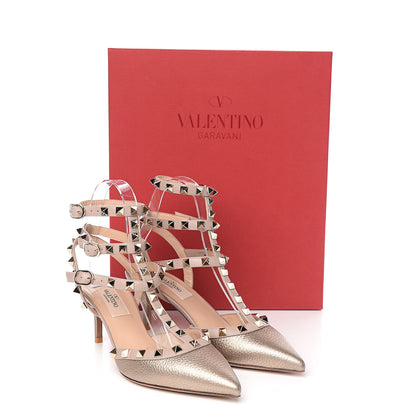 Valentino Garavani Metallic Pebbled Calfskin Rockstud Ankle Strap 65mm Pumps 35.5 Skin Poudre 9 of 9