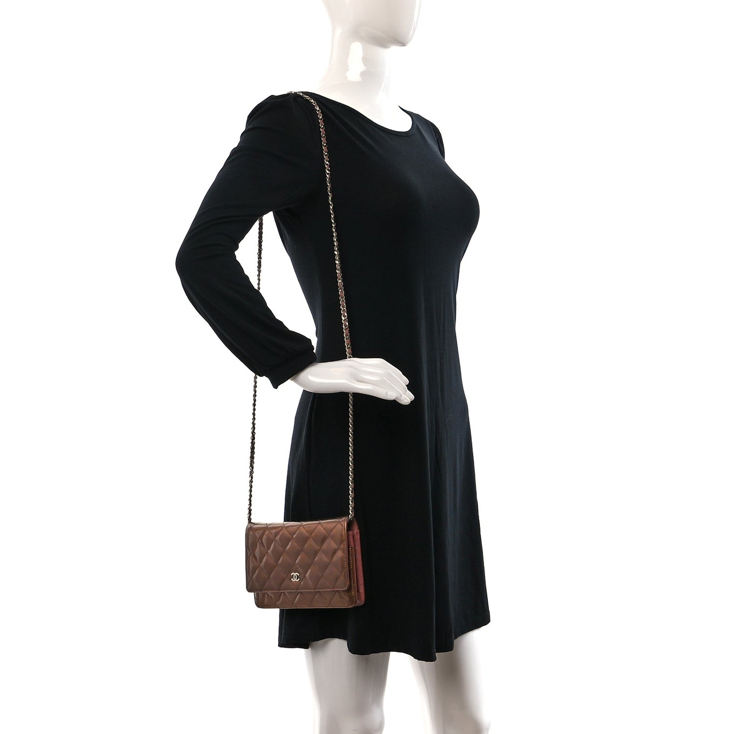 Metallic Striated Patent Quilted Wallet on Chain WOC Bronze