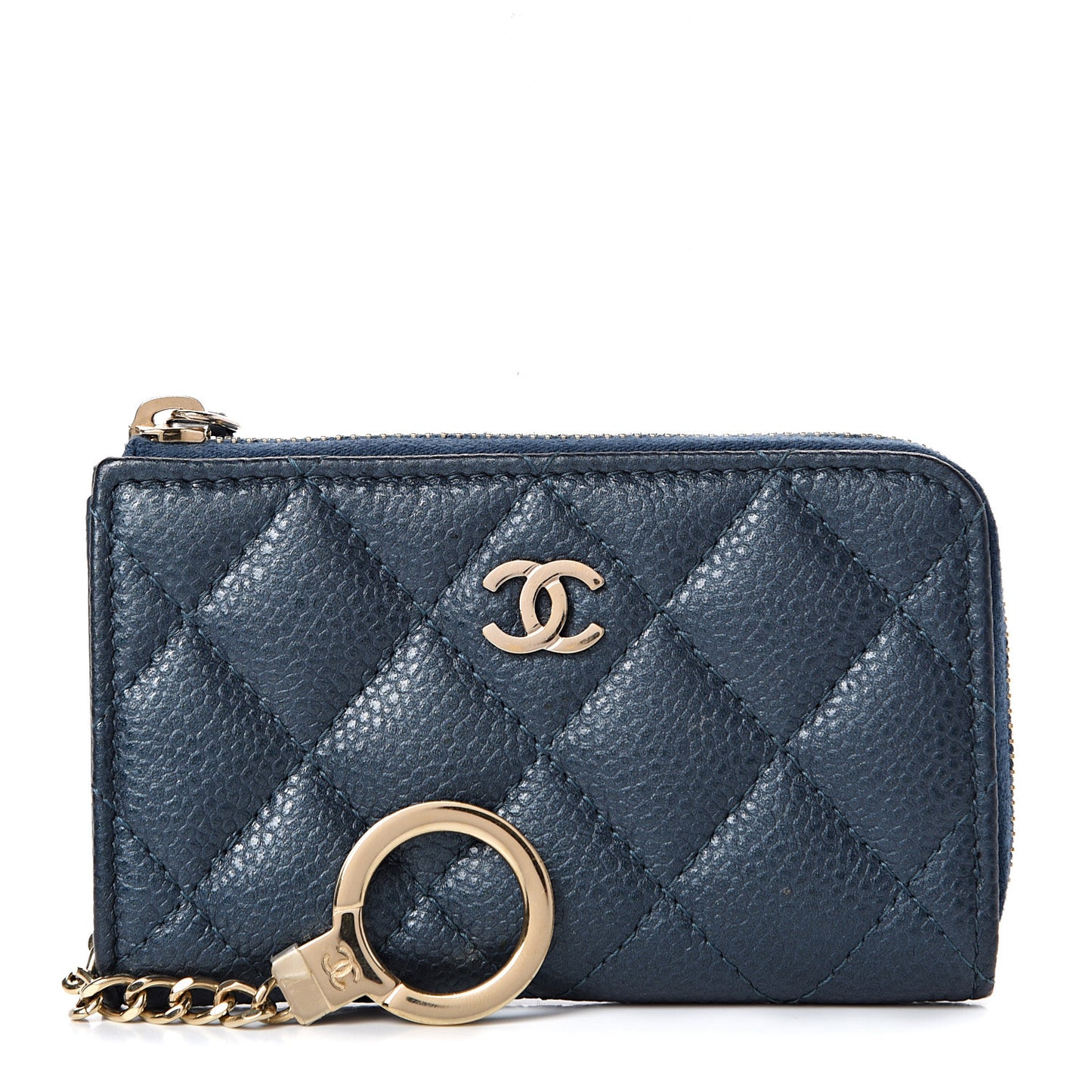 Iridescent Caviar Quilted Zipped Key Holder Case Dark Blue