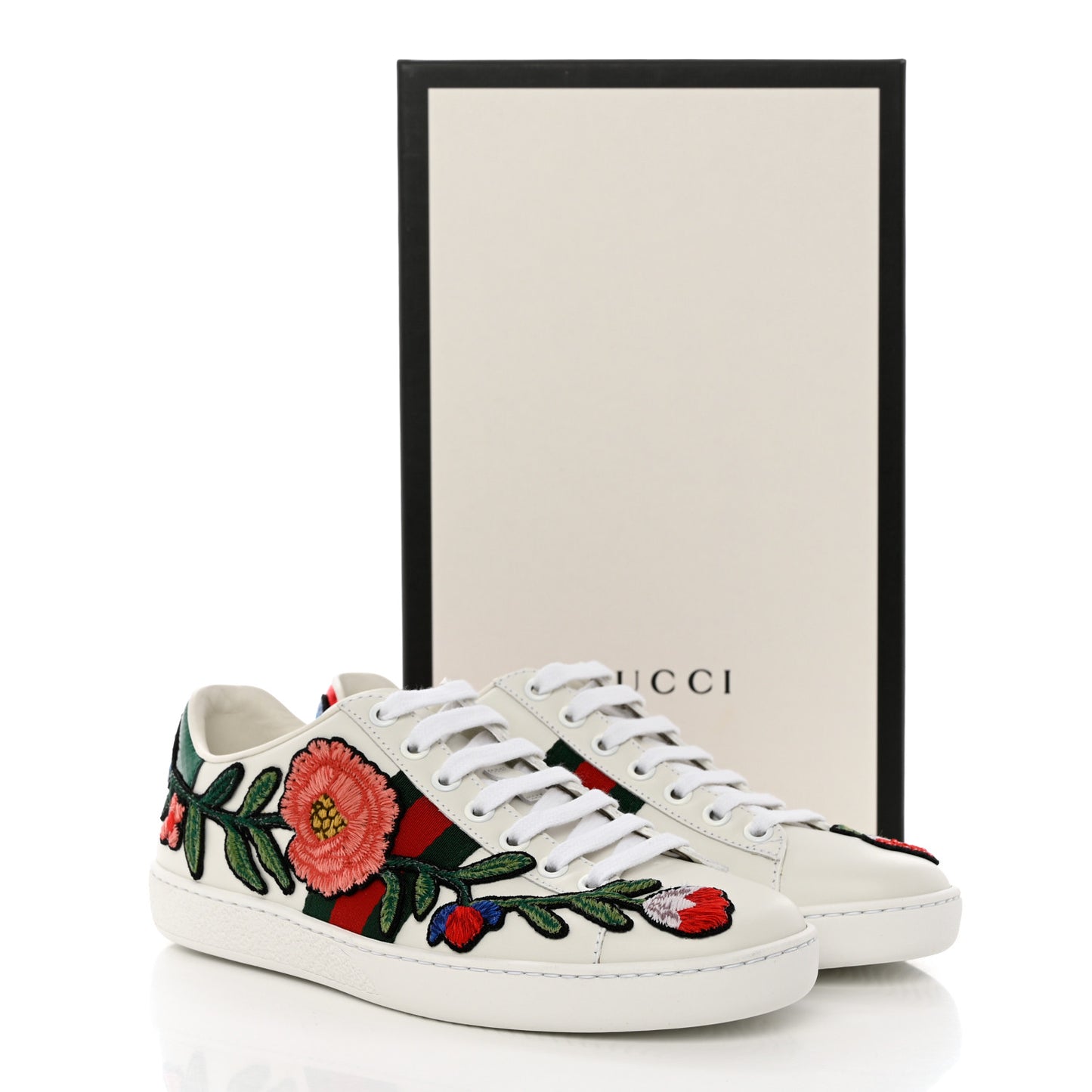 Calfskin Web Floral Embroidered Womens Ace Sneakers 35.5 White