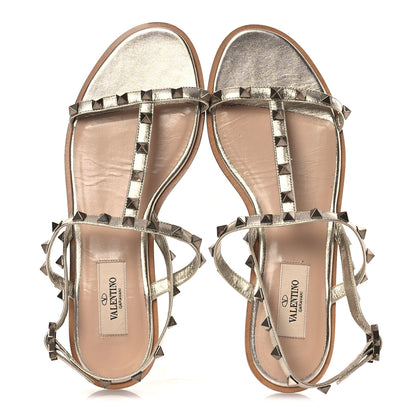 Valentino Garavani Metallic Nappa Rockstud T-Strap Slingback Flat Sandals 38 Skin 2 of 12