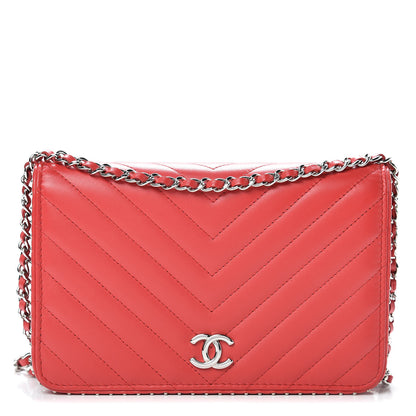 Chanel Lambskin Chevron Quilted Studded Wallet On Chain WOC Light Red 1 of 15