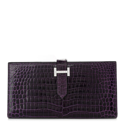 Hermes Shiny Porosus Crocodile 18K Gold Diamond Bearn Wallet Amethyst 1 of 8
