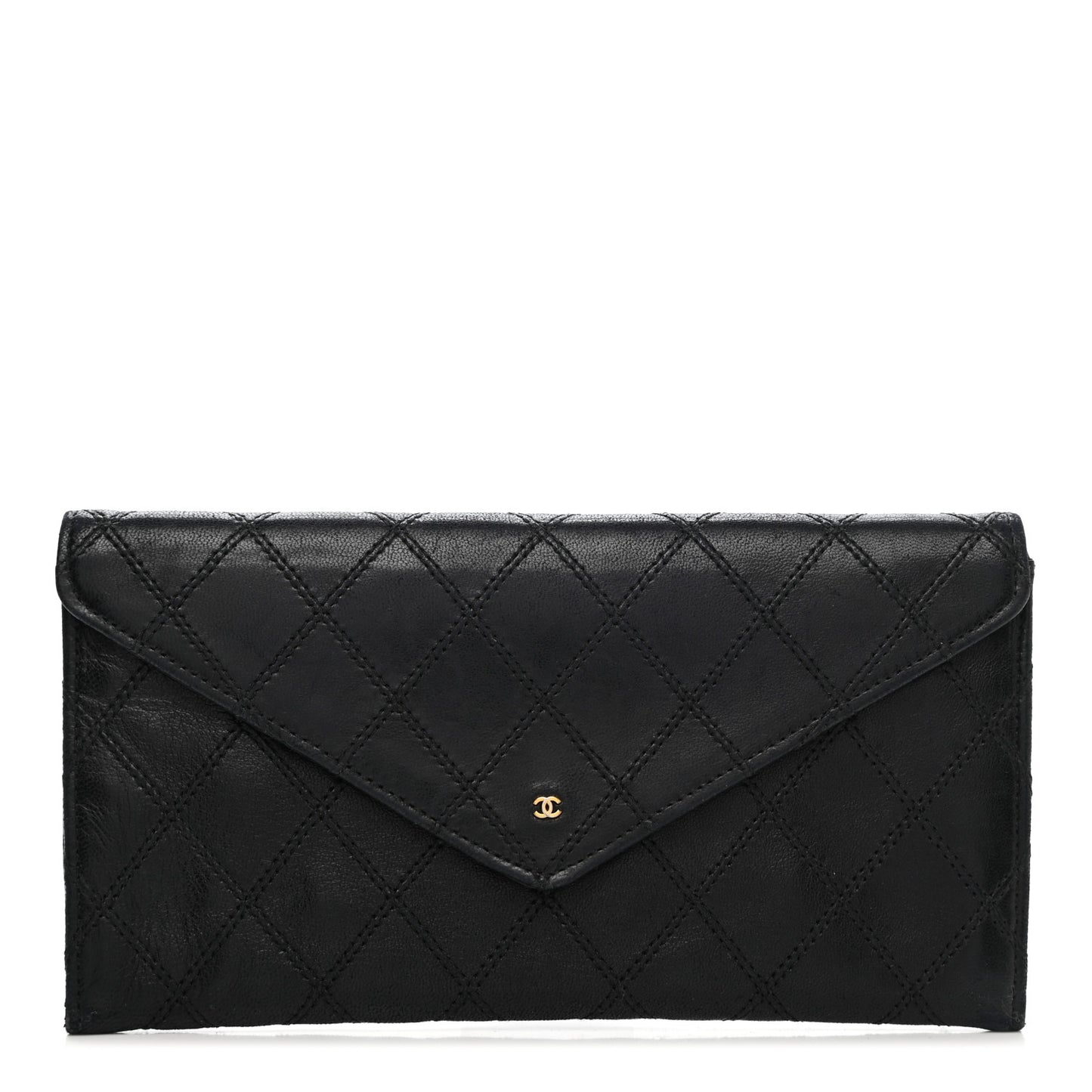Lambskin Diamond Stitched Envelope Long Flap Wallet Black