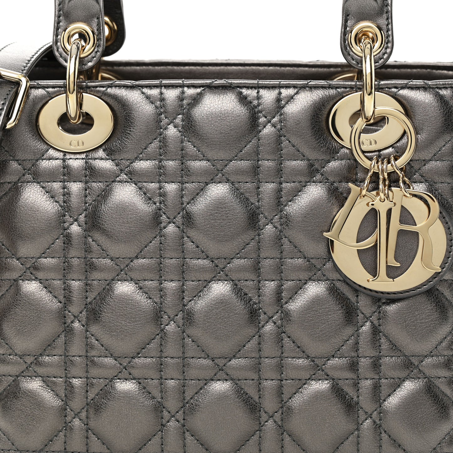 Metallic Calfskin Cannage Medium Lady Dior Gunmetal Grey