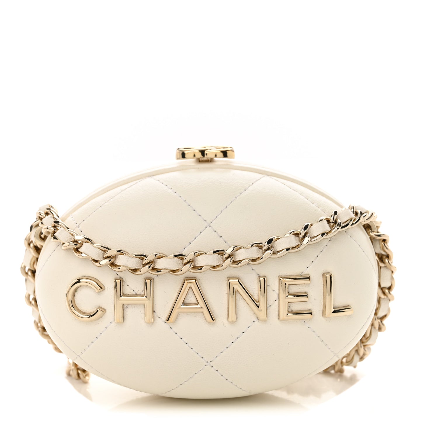 Lambskin Quilted Oval Minaudiere Chain Clutch White