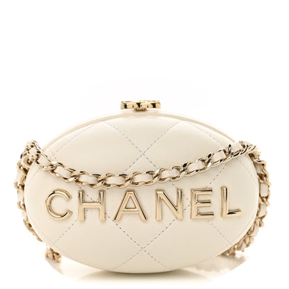 Chanel Lambskin Quilted Oval Minaudiere Chain Clutch White 1 of 12
