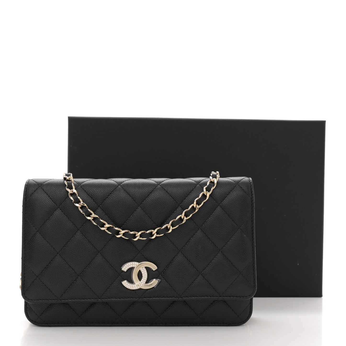 Caviar Quilted Crystal CC Wallet On Chain WOC Black