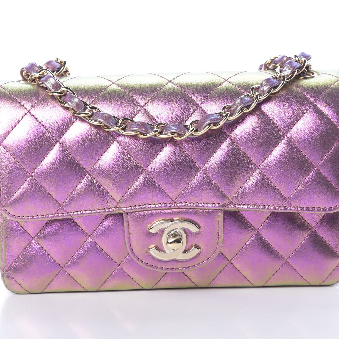 Iridescent Lambskin Quilted Mini Rectangular Flap Purple