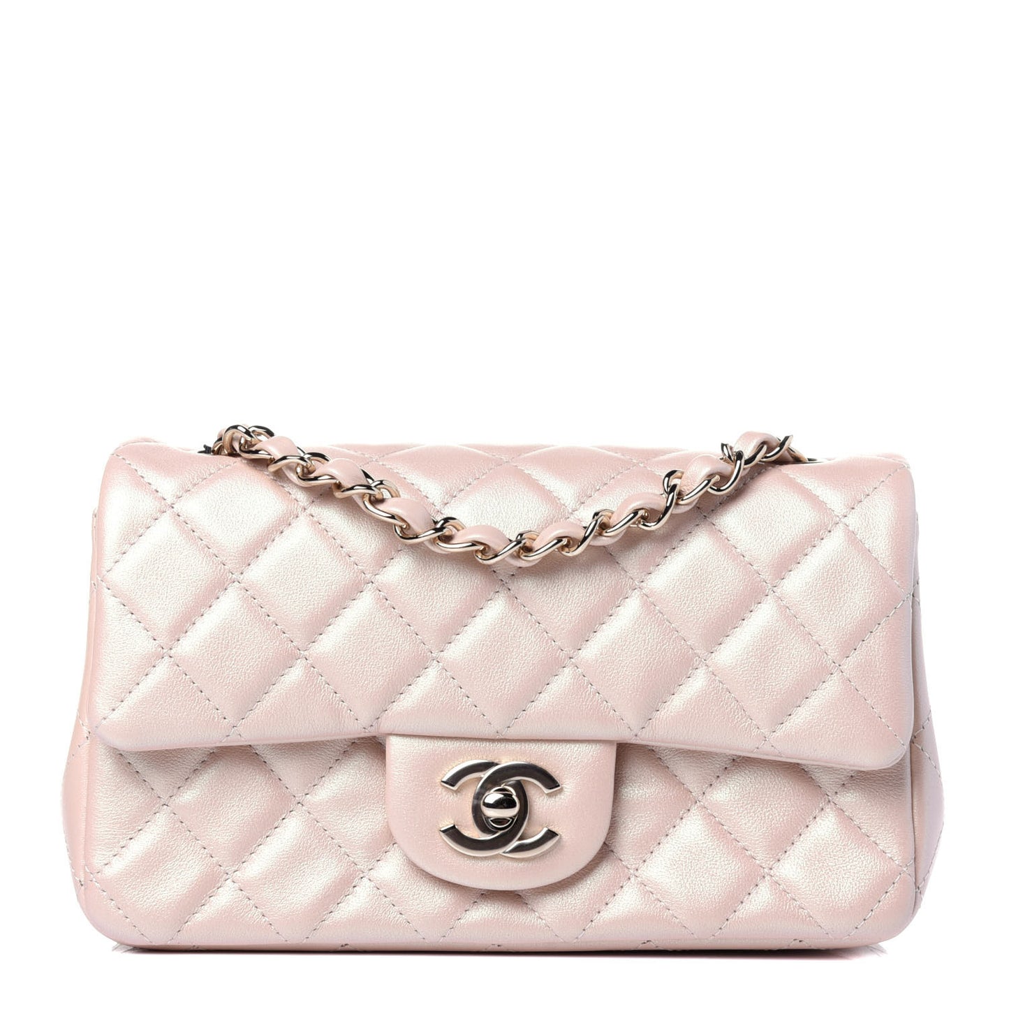 Iridescent Calfskin Quilted Mini Rectangular Flap Beige