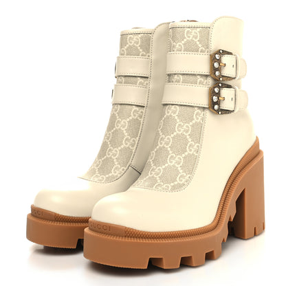 Gucci Kensington Calfskin Nappa GG Supreme Monogram Womens Double Buckle Ankle Boots 35.5 Mystic White Beige 3 of 8