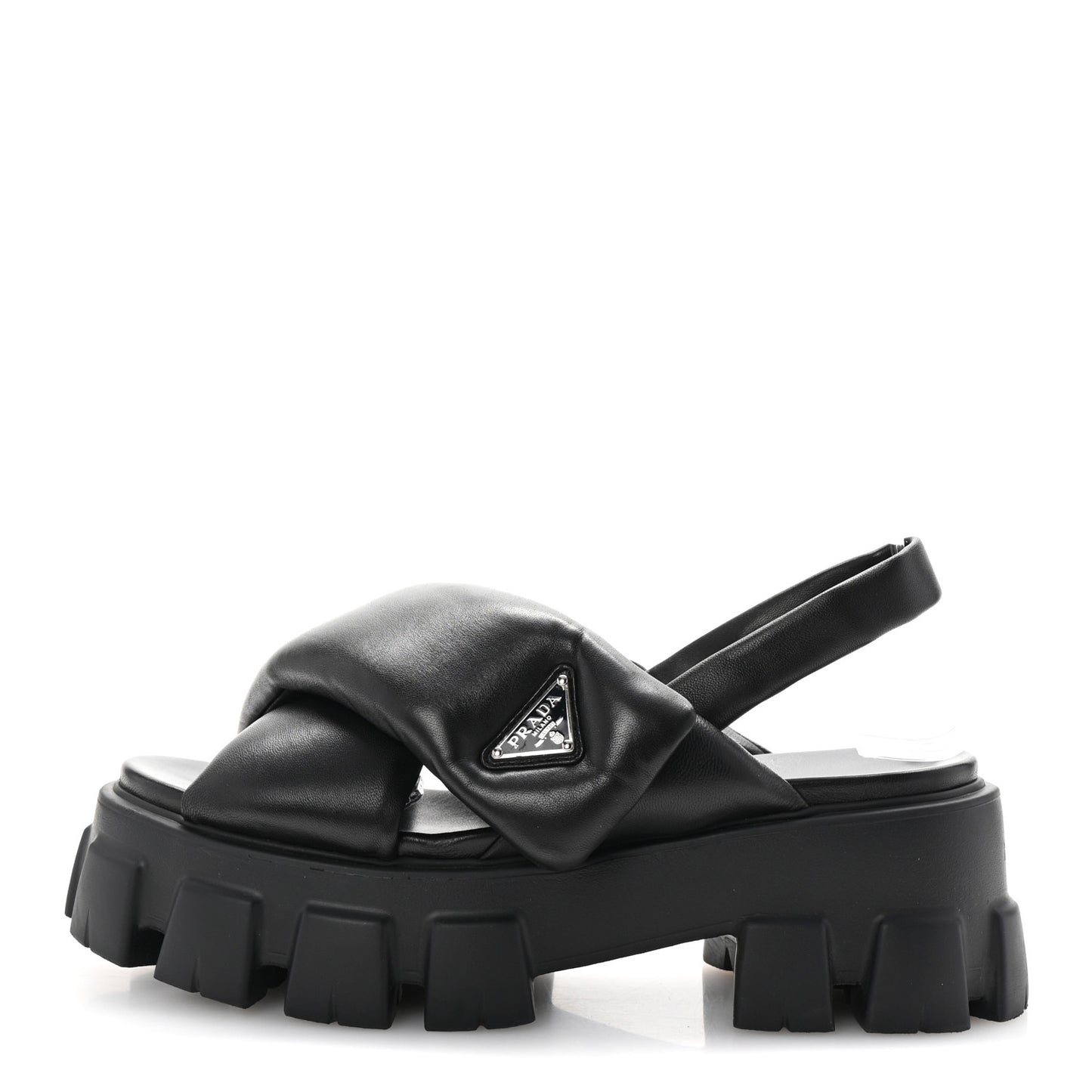 Nappa Soft Metal Triangle Logo Padded Monolith 55mm Slingback Sandals 39 Black