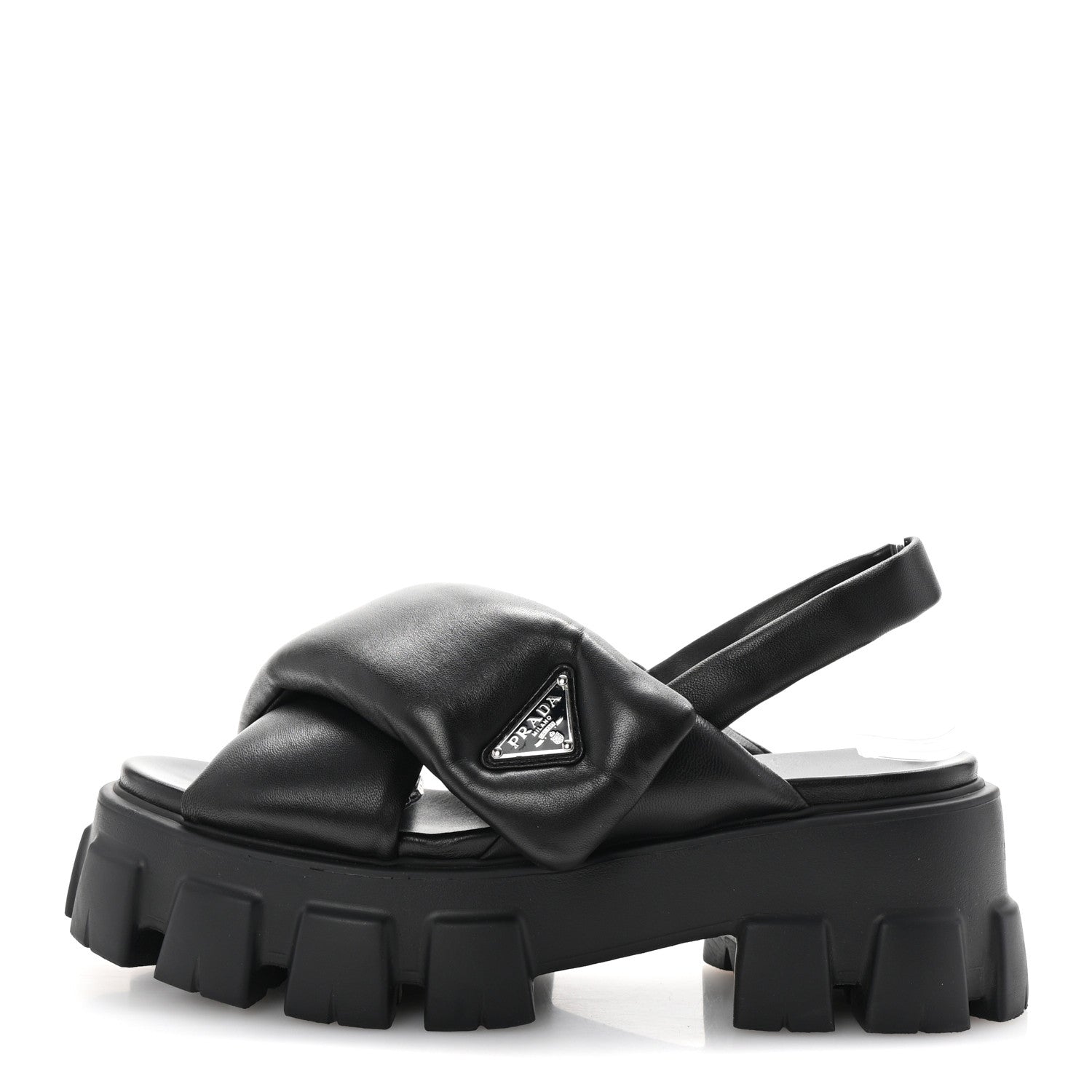 Prada Nappa Soft Metal Triangle Logo Padded Monolith 55mm Slingback Sandals 39 Black 1 of 9
