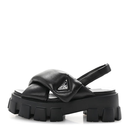 Prada Nappa Soft Metal Triangle Logo Padded Monolith 55mm Slingback Sandals 39 Black 1 of 9