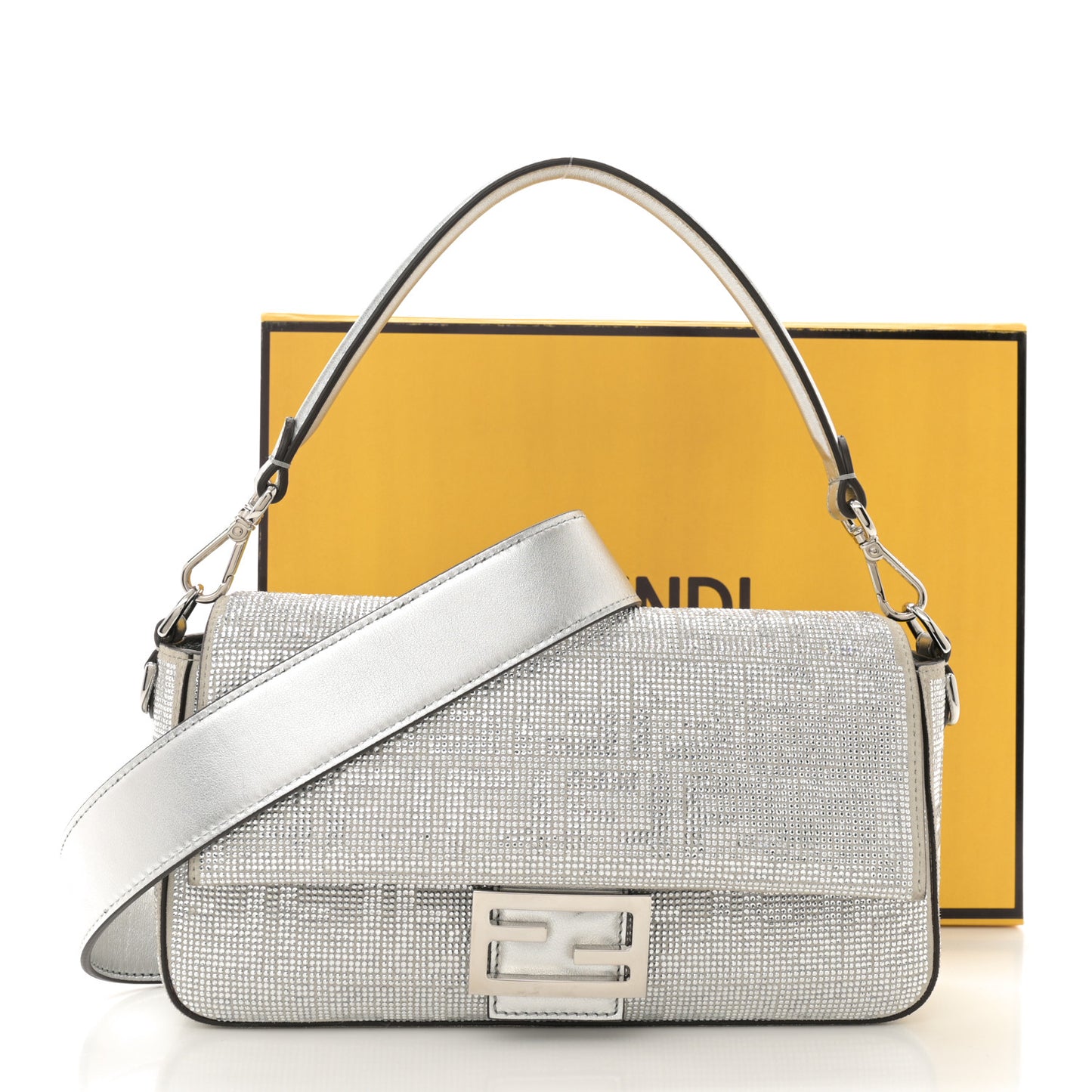 Crystal Vitello Laminato FF Medium Baguette Crystal Argento