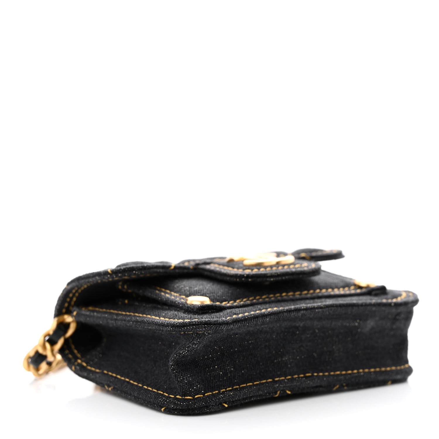 Chanel Denim Quilted Double You Card Holder On Chain Black Golden 4 of 11