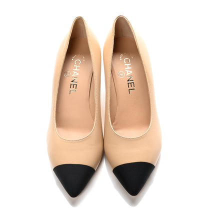 Chanel Lambskin Grosgrain Cap Toe CC Pearl Pumps 36.5 Beige Black 5 of 9