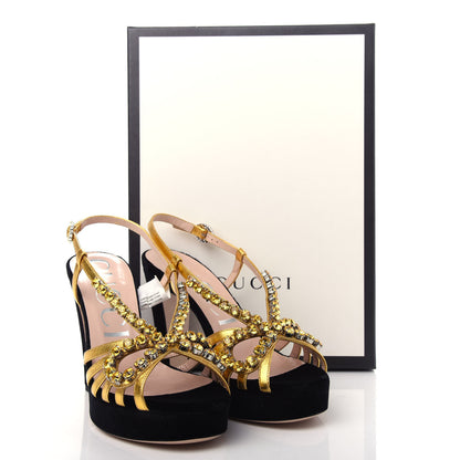 Gucci Velvet Nappa Crystal Zephyra Slingback Platform High Heel Sandals 37.5 Black Gold 10 of 10