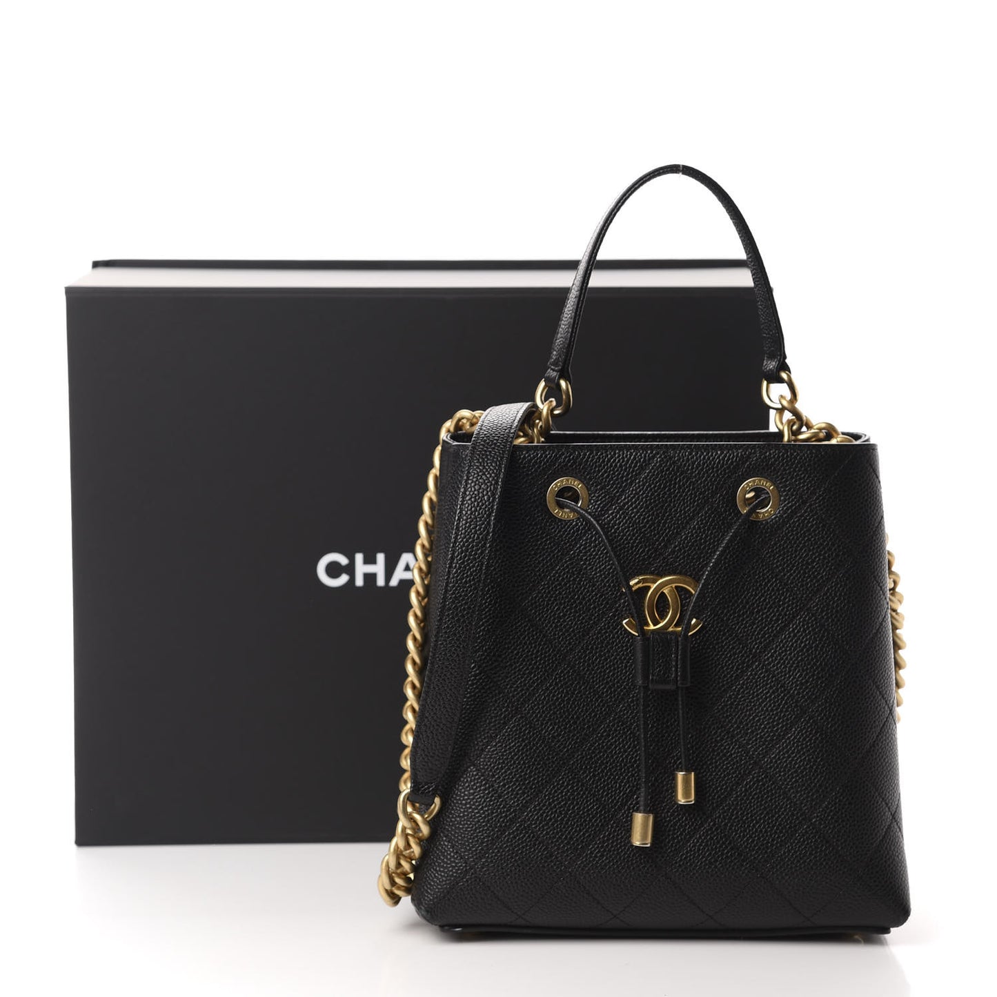 Grained Calfskin Stitched Small Drawstring Bag Black