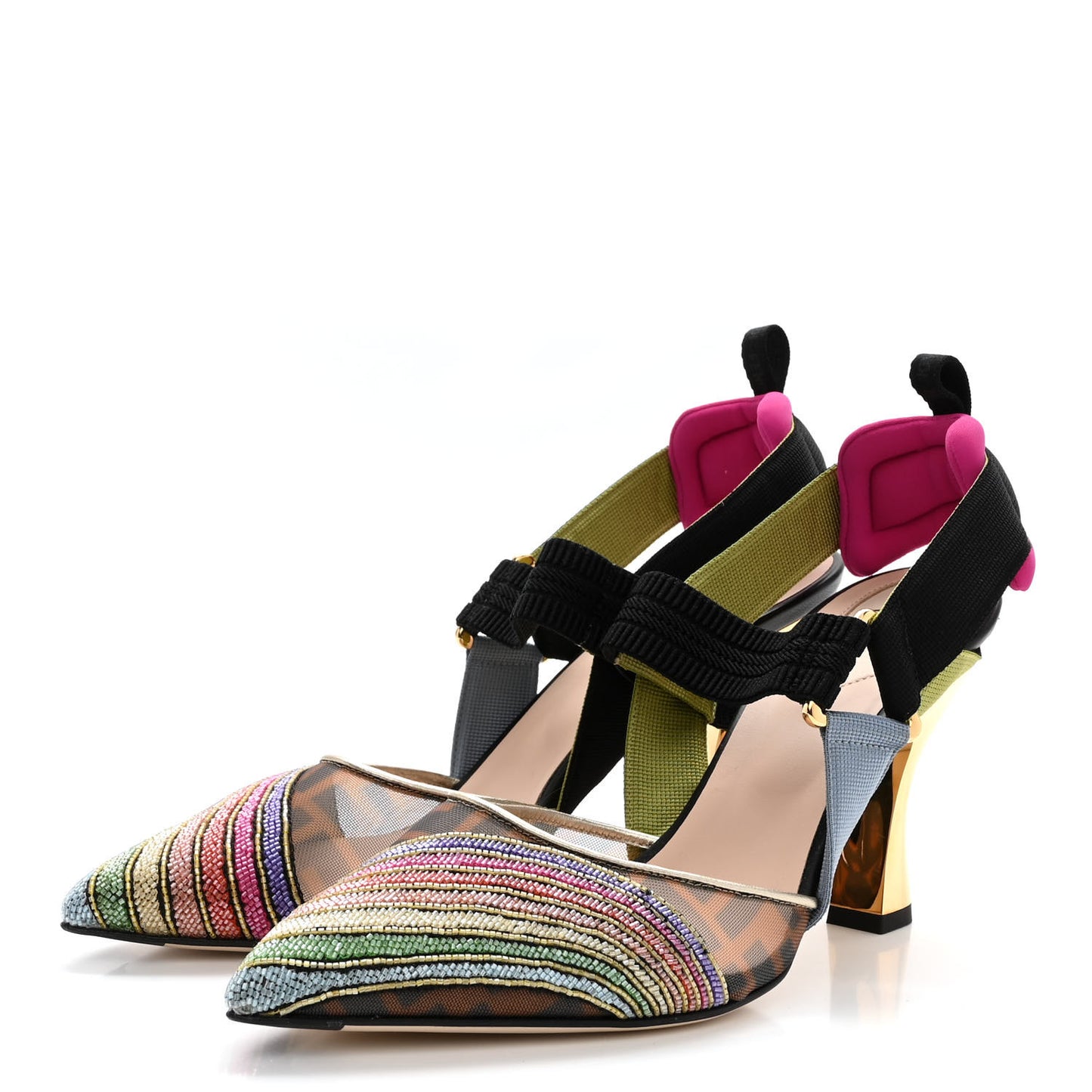 Technical Mesh FF Rainbow Beaded Colibri 85mm Slingback Pumps 39 Tobacco Black Multicolor