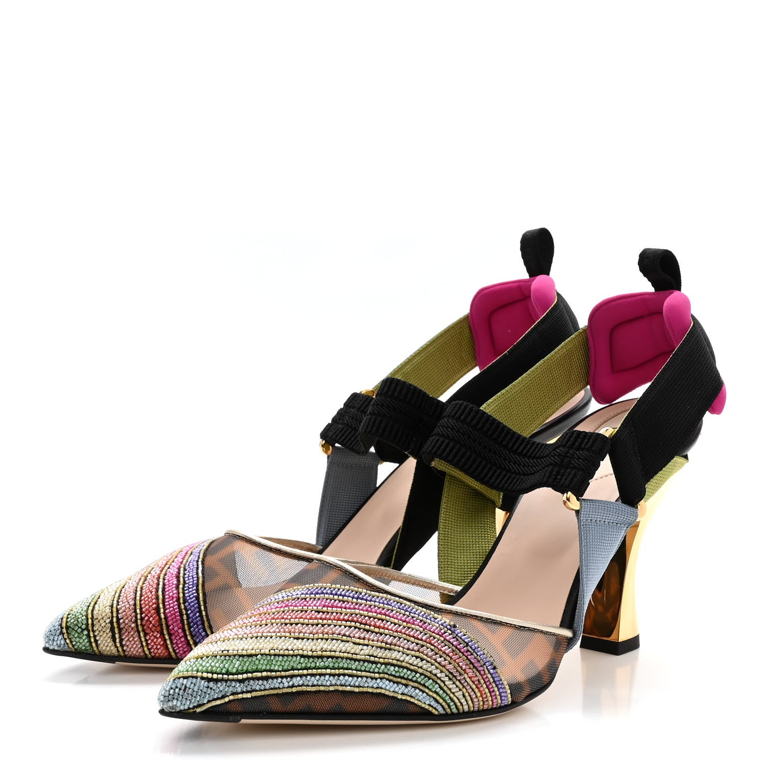 Fendi Technical Mesh FF Rainbow Beaded Colibri 85mm Slingback Pumps 39 Tobacco Black Multicolor 3 of 11
