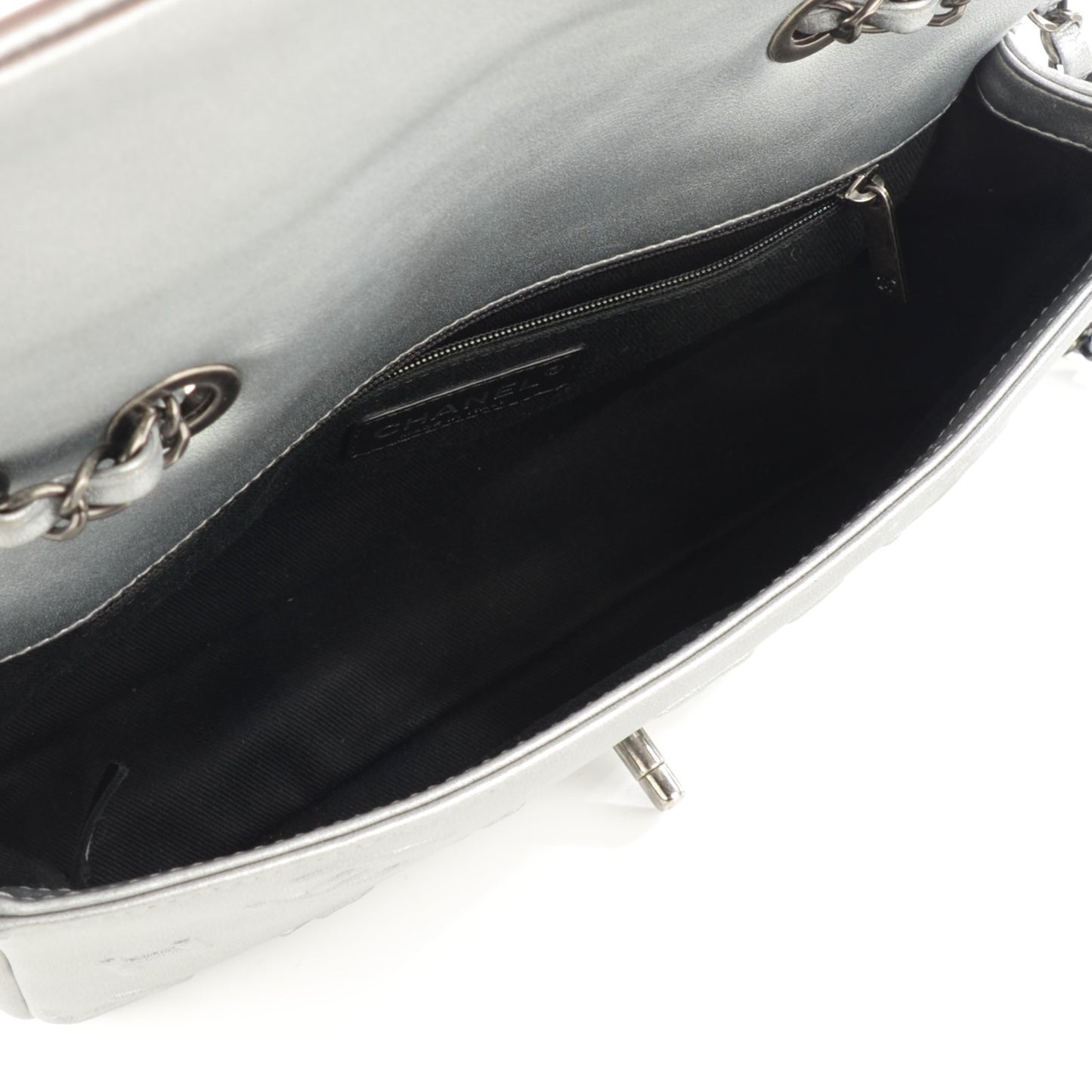 Metallic Lambskin Symbols Medium Single Flap Silver