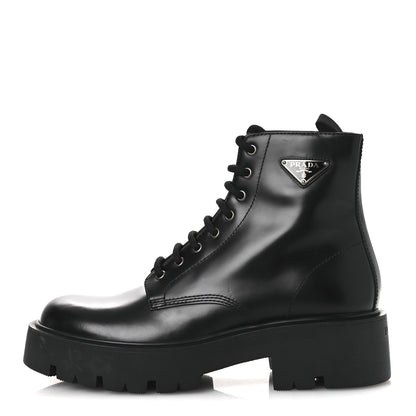 Prada Brushed Calfskin Triangle Mens Lace Up Boots 8.5 Black 1 of 11