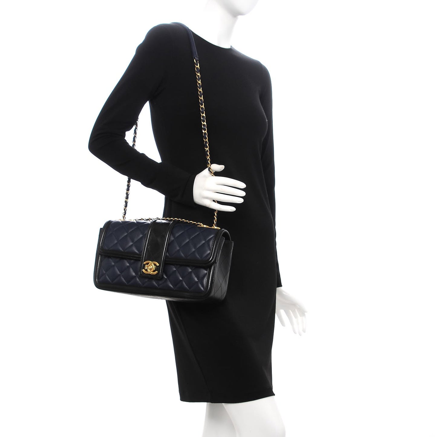 Calfskin Quilted Large Elegant CC Flap Navy Black