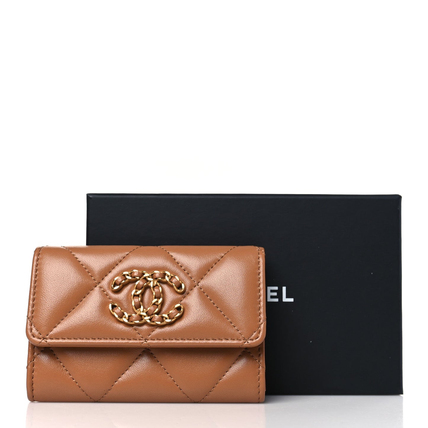 Lambskin Quilted Chanel 19 Flap Card Holder Brown