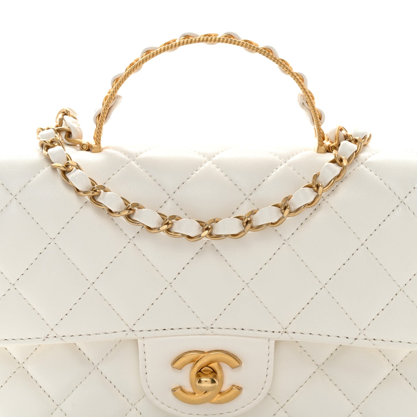 Lambskin Quilted Mini Metal Top Handle Rectangular Flap White