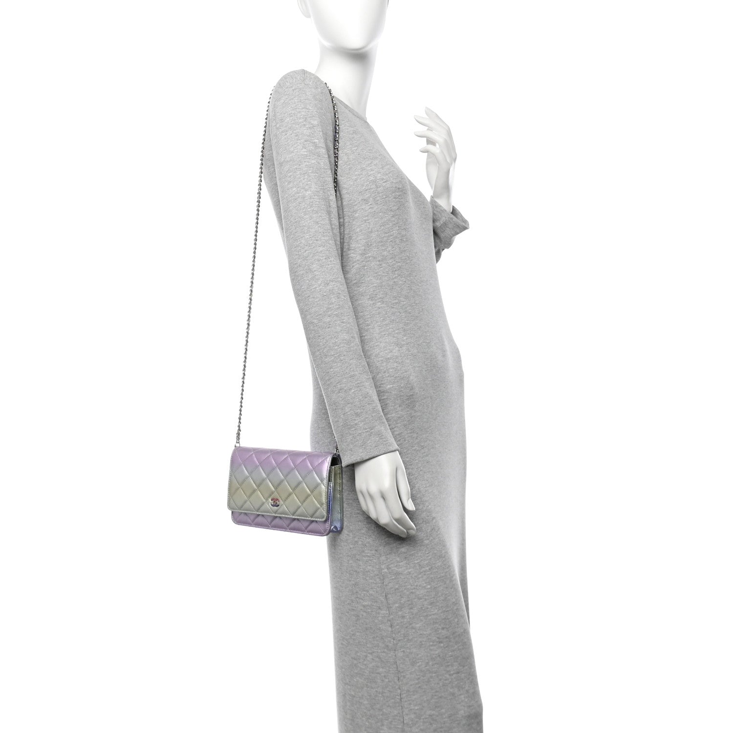 Chanel Gradient Metallic Calfskin Quilted Wallet On Chain WOC Silver Blue Yellow Purple 2 of 12